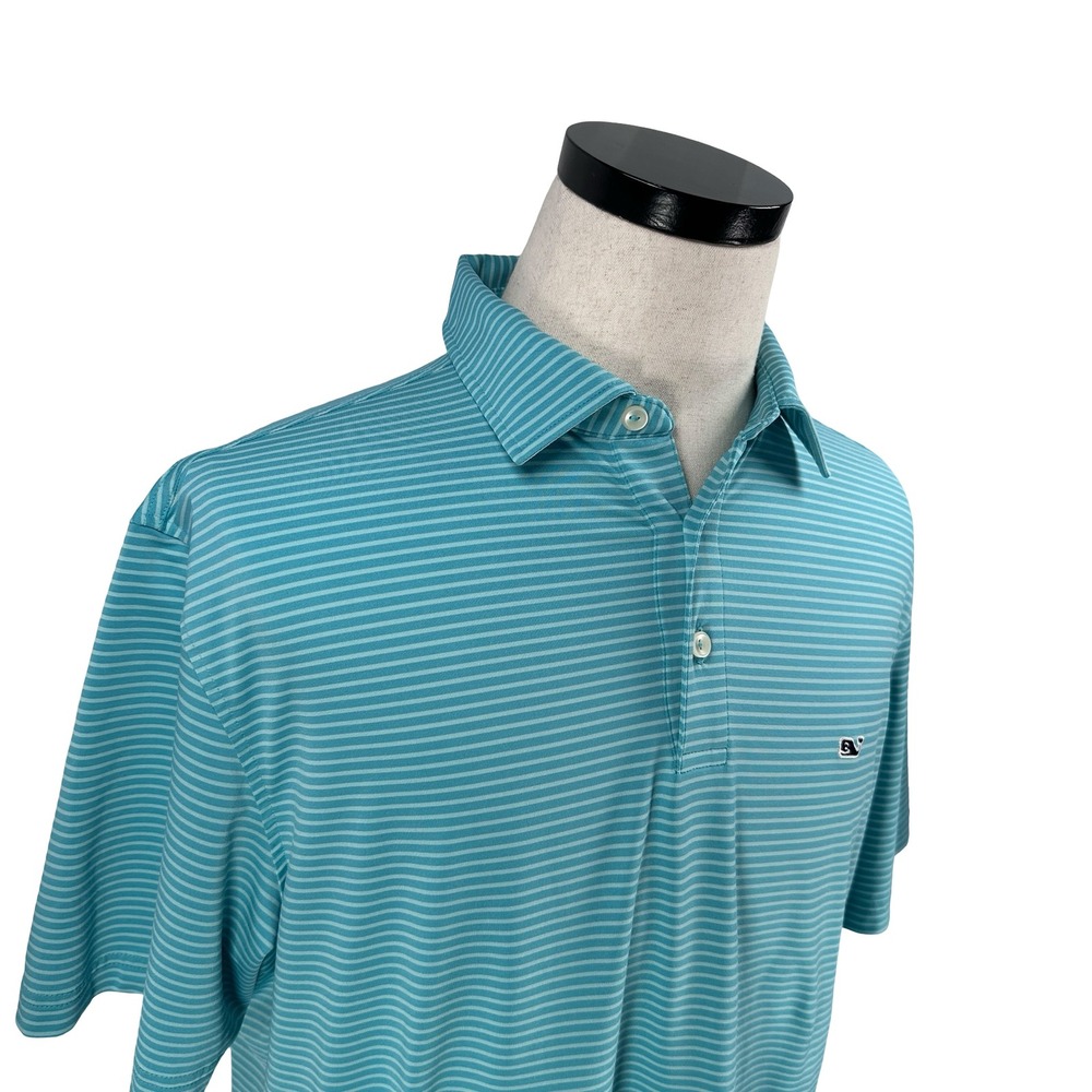 Vineyard Vines Mens L On-The-Go Sankaty Polo Shirt Teal Aqua Striped Performance - Picture 2 of 11